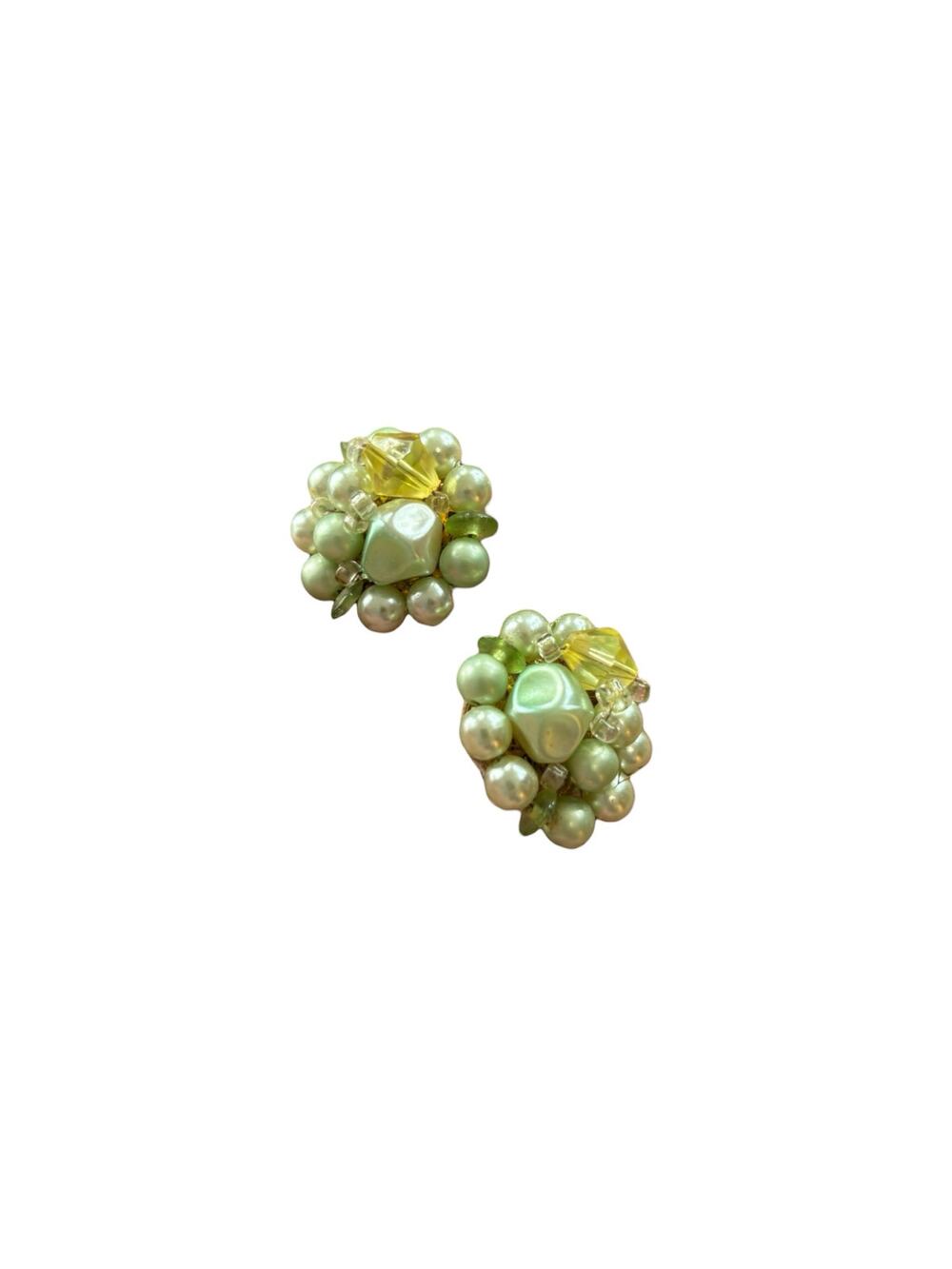 Vintage Japan Beaded Cluster Earrings Green Faux Pearl Crystal Clip-On 1950s